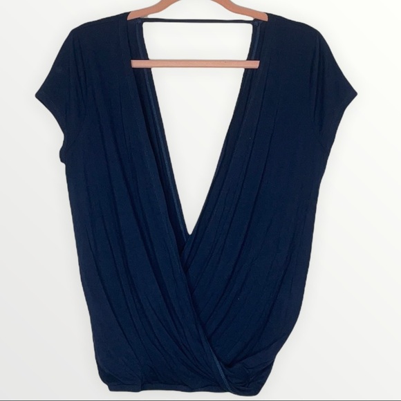 NEW Chaser Navy Soft Knit Faux Wrap Elastic Waist Double Surplice Top Sz. M - Picture 1 of 3